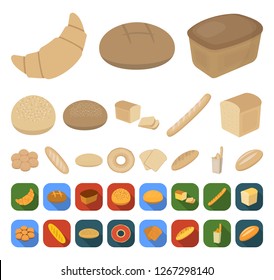 Types of bread cartoon,flat icons in set collection for design. Bakery products vector symbol stock web illustration.