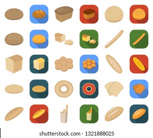 Types of bread cartoon,flat icons in set collection for design. Bakery products vector symbol stock web illustration.