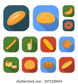 Types of bread flat icons in set collection for design. Bakery products vector symbol stock web illustration.