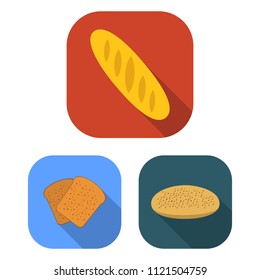 Types of bread flat icons in set collection for design. Bakery products vector symbol stock web illustration.
