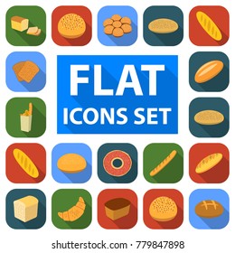 Types of bread flat icons in set collection for design. Bakery products vector symbol stock web illustration.