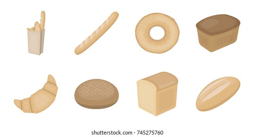 Types of bread icons in set collection for design. Bakery products vector symbol stock web illustration.