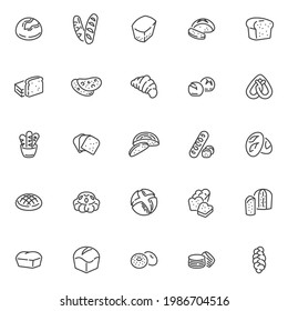 Types of bread line icons set. linear style symbols collection, outline signs pack. Bakery bread vector graphics. Set includes icons as whole wheat, sourdough, french brioche, pita flatbread, challah