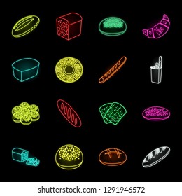 Types of bread neon icons in set collection for design. Bakery products vector symbol stock web illustration.