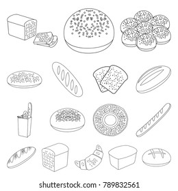 Types of bread outline icons in set collection for design. Bakery products vector symbol stock web illustration.