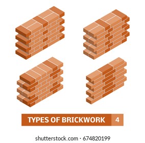 Types of brickwork. Vector set of isometric brick course patterns
