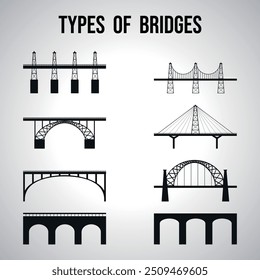 Tipos de puentes. Siluetas negras de puentes. 8 piezas. Vector sobre un fondo gris