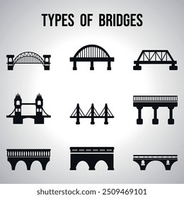 Tipos de puentes. Siluetas negras de puentes. 9 piezas. Vector sobre un fondo gris