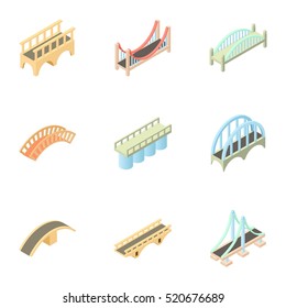 Types of bridges icons set. Isometric 3d illustration of 9 types of wood bridges vector icons for web
