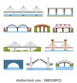 Types of bridges set. Brick, iron, wooden and stone bridges architecture building bridgework elements in flat style. City construction theme. Flat cartoon types of bridge. Vector illustration