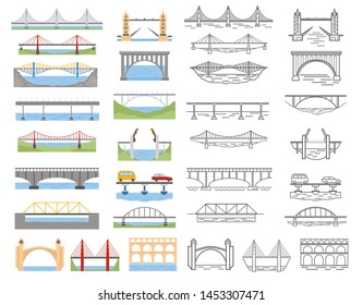 Types of bridges set. Color and linear graphic design, infographic elements. Vector illustration