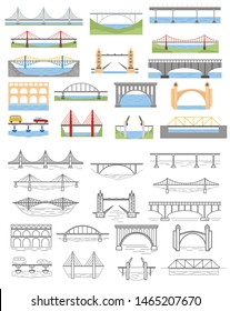 Types of bridges set. Color and linear graphic design, infographic elements. Vector illustration