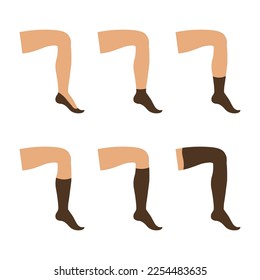 Types of brown socks set. Socks of different heights and various forms. Vector illustration isolated. 