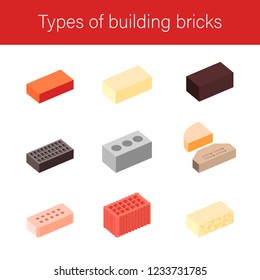 Types of building bricks. Isolated vector bricks on a white background.