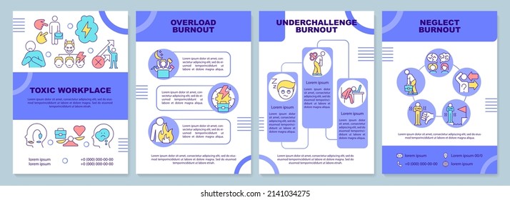 Types of burnout brochure template. Overworking and stress. Leaflet design with linear icons. 4 vector layouts for presentation, annual reports. Arial-Black, Myriad Pro-Regular fonts used
