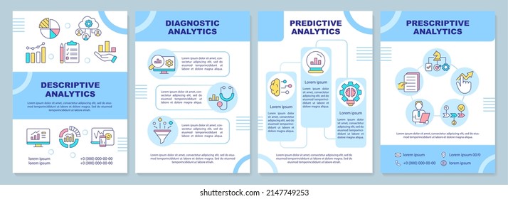 Types of business analytics blue brochure template. Descriptive. Leaflet design with linear icons. 4 vector layouts for presentation, annual reports. Arial-Black, Myriad Pro-Regular fonts used