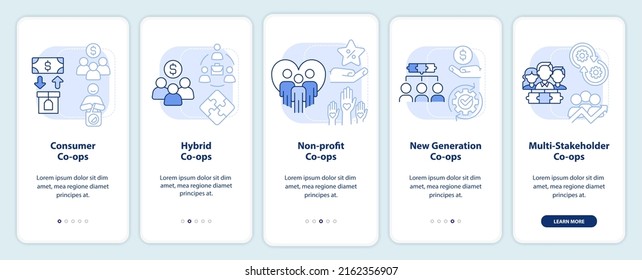 Types of business co-ops light blue onboarding mobile app screen. Walkthrough 5 steps graphic instructions pages with linear concepts. UI, UX, GUI template. Myriad Pro-Bold, Regular fonts used
