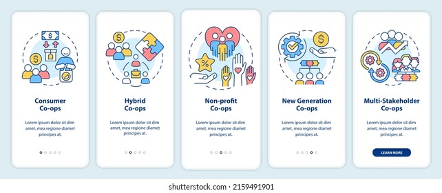 Types of business co-ops onboarding mobile app screen. Corporate walkthrough 5 steps graphic instructions pages with linear concepts. UI, UX, GUI template. Myriad Pro-Bold, Regular fonts used
