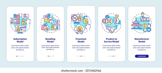 Typen von Geschäftsmodellen auf dem mobilen App-Bildschirm. In 5 Schritten durch den Handel führen Sie grafische Anleitungen mit Konzepten. UI, UX, GUI-Vektorvorlage mit linearen Farbillustrationen