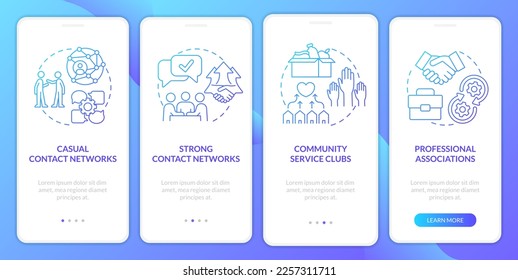Tipos de redes de negocios pantalla de aplicación móvil con degradado azul incorporado. Recorrido 4 pasos instrucciones gráficas con conceptos lineales. UI, UX, plantilla GUI. Multitud de tipos de letra Pro-Bold, con uso regular