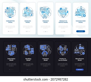 Types of business structures onboarding mobile app page screen. Commerce walkthrough 5 steps graphic instructions with concepts. UI, UX, GUI vector template with night and day mode illustrations