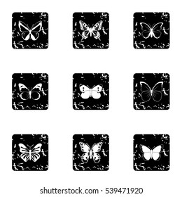 Types of butterflies icons set. Grunge illustration of 9 types of butterflies vector icons for web