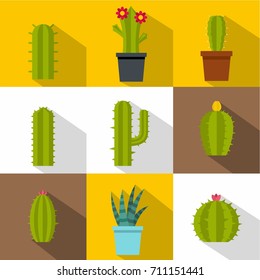 Types of cactus icon set. Flat style set of 9 types of cactus vector icons for web design