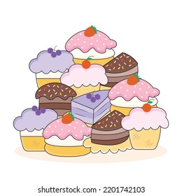 types of cake from strawberry, blueberry and chocolate with doodle art. 