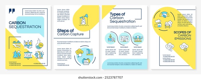 Types of carbon sequestration blue and yellow brochure template. Leaflet design with linear icons. Editable 4 vector layouts for presentation, annual reports
