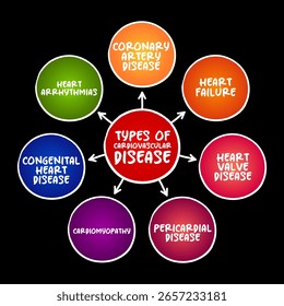 Tipos de enfermedades cardiovasculares (grupo de trastornos del corazón y los vasos sanguíneos) mapa mental concepto de texto para presentaciones e informes