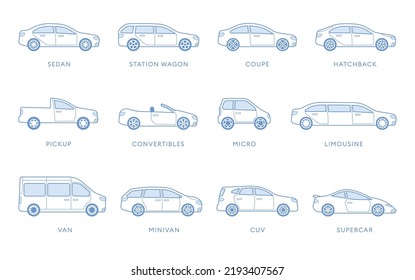 Types of cars icons collection. Different cars set of vector illustration
