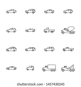 Types of cars outline icons set in black color