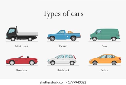 Types of cars. Transport design over white background, vector illustration. Collection car icon set. Car Icon Vector Logo Template. Flat style. Side view, profile. 