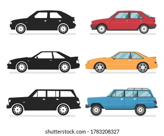 Types of cars. Transport design over white background, vector illustration. Collection car icon set. Car Icon Vector Logo Template. Flat style. Side view, profile. 