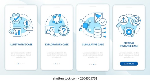 Types of case study blue onboarding mobile app screen. Methods walkthrough 4 steps editable graphic instructions with linear concepts. UI, UX, GUI template. Myriad Pro-Bold, Regular fonts used