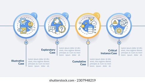 Types of case study circle infographic template. Methods. Data visualization with 4 steps. Editable timeline info chart. Workflow layout with line icons. Lato-Bold, Regular fonts used