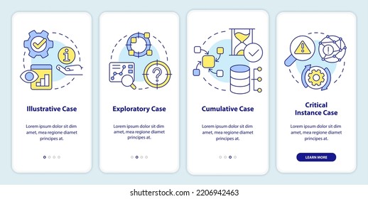 Types of case study onboarding mobile app screen. Methods walkthrough 4 steps editable graphic instructions with linear concepts. UI, UX, GUI template. Myriad Pro-Bold, Regular fonts used