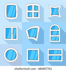 Types of casement icons set, flat style