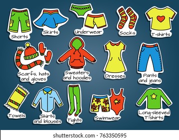 Types of casual clothes, doodle illustration. Vector icons. Useful colorful stickers for the boxes with a kids wear.