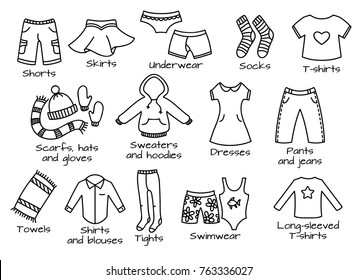 Types of casual clothes, doodle outline illustration. Vector icons.