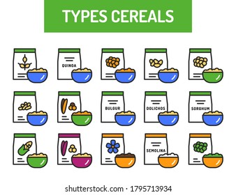 Types cereals color line icons set. Healthy, organic food. Proper nutrition. Isolated vector element. Outline pictograms for web page, mobile app, promo.