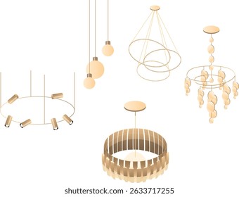 Tipos de lustres e iluminação, conjunto de ilustração isométrica