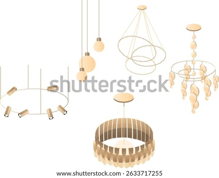 Types of chandeliers and lighting, isometric illustration set