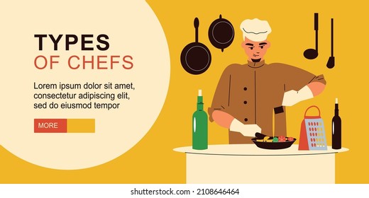 Types of chefs horizontal banner with male character cooking saute from vegetables flat vector illustration