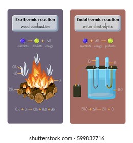 Types Of Chemical Reaction. Exothermic - Wood Combustion And Endothermic  - Water Electrolysis. Educational Chemistry For Kids. Cartoon Vector Illustration In Flat Style. 