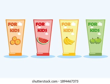 Types of children's toothpaste. Toothpaste with watermelon, banana, orange, apple flavor. Vector flat illustration.