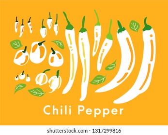 Types of Chili Peppers with orange background.