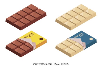 Types of chocolate bar vector set. Half opened dark, milk, and white chocolate bar vector illustration isolated on white background in isometric style. Chocolate types vector design 3d.