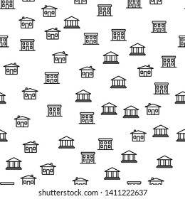 Types Of City Building Seamless Pattern Vector. Living, Double Decker Or Office Building And Government Department Or Court House Monochrome Texture Icons. Template Flat Illustration