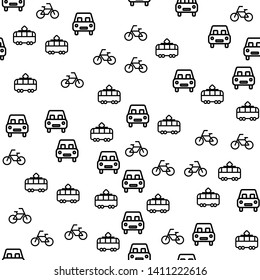 Types Of City Transport Seamless Pattern Vector. Bicycle, Car And Tram Means Of Transport For Travel On Village Streets Monochrome Texture Icons. Town Movement Vehicle Template Flat Illustration